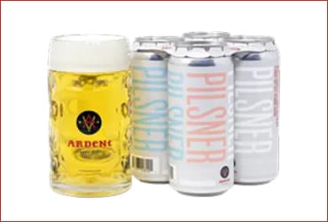 4-pack of grey 16oz Pilsner cans with Stein full of clear golden pilsner over a white background