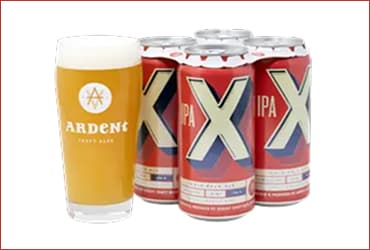 4-pack of red 16oz IPA X cans with 16oz pint glass full of IPA on a white background